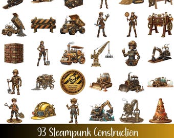93 Steampunk Construction PNG Clipart Bundle, Vintage Machinery Vehicles Workers Illustrations, 93 Industrial Graphics Commercial Use