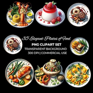 Może przedstawiać: Ilustracja przedstawiająca różne talerze z jedzeniem, w tym homara, stek i desery. Obraz zawiera tekst "35 Elegant Plates of Food PNG Clipart Set Transparent Background 300 DPI | Commercial Use."