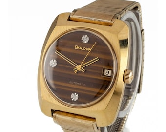 Bulova Men's Automatic Gold-Plated Vintage Watch Tiger's Eye Dial 1974