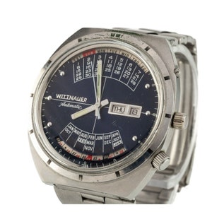 Wittnauer 2000 roestvrij staal automatisch herenhorloge W102 blauwe wijzerplaat jaren 70