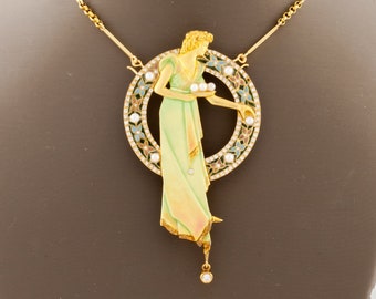 Art Nouveau 18k Gold Plique-a-Jour Enamel, Pearl, and Diamond Brooch Pendant