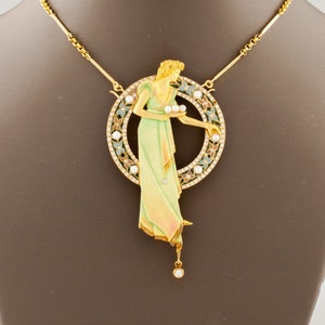 Art Nouveau 18k Gold Plique-a-Jour Enamel, Pearl, and Diamond Brooch Pendant