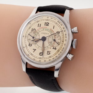 Lemania Stainless Steel 15TL Chronograph Watch Tachymeter 1940s Leather Band