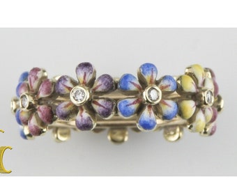 SJS Daisy Diamond 14k Yellow Gold & Hand-Painted Enamel Ring Size 6