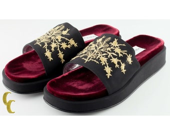 Dolce & Gabbana Velvet Open-Toe Slippers w/ Embroidery Box and Pouch Included 36.5