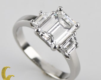 2.10 carat Emerald Cut Diamond 3-Stone Platinum Ring with GIA Cert Size 5.25