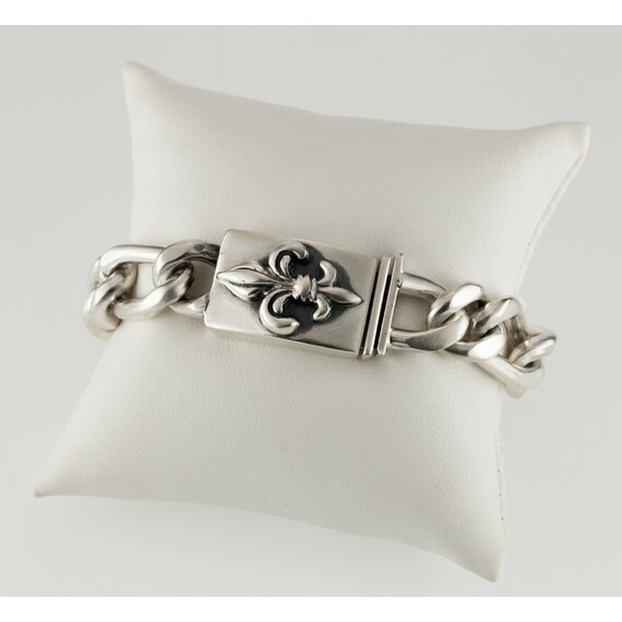 Sterling Silver Chunky Link Bracelet Fleur de Lis… - image 6