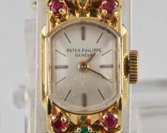 Vintage Patek Philippe 18k Yellow Gold Hand-Winding Watch w/ Ornate Gubelin Band ft. Emerald, Ruby & Sapphire