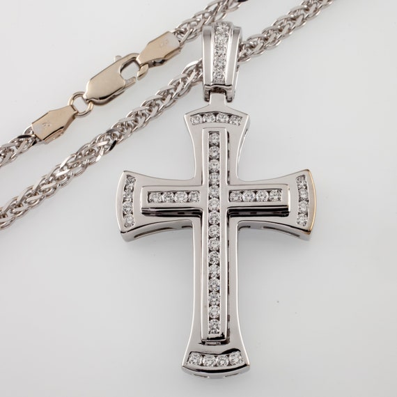 14k White Gold Diamond Cross w/ 24" Wheat Chain T… - image 4