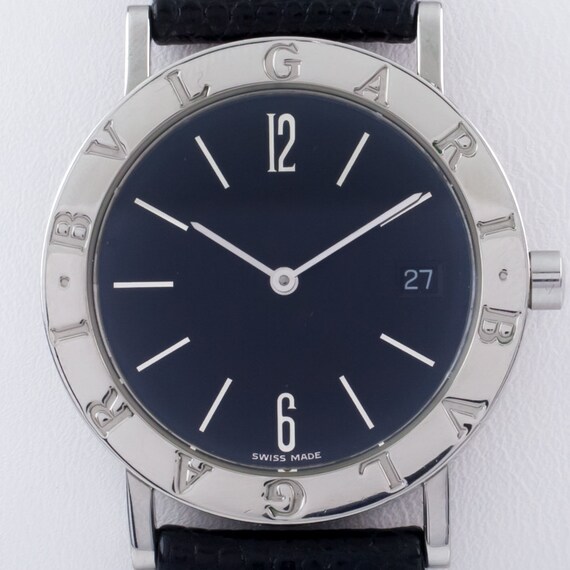 Bvlgari Stainless Steel Men's Quartz Watch W/ Black Leather