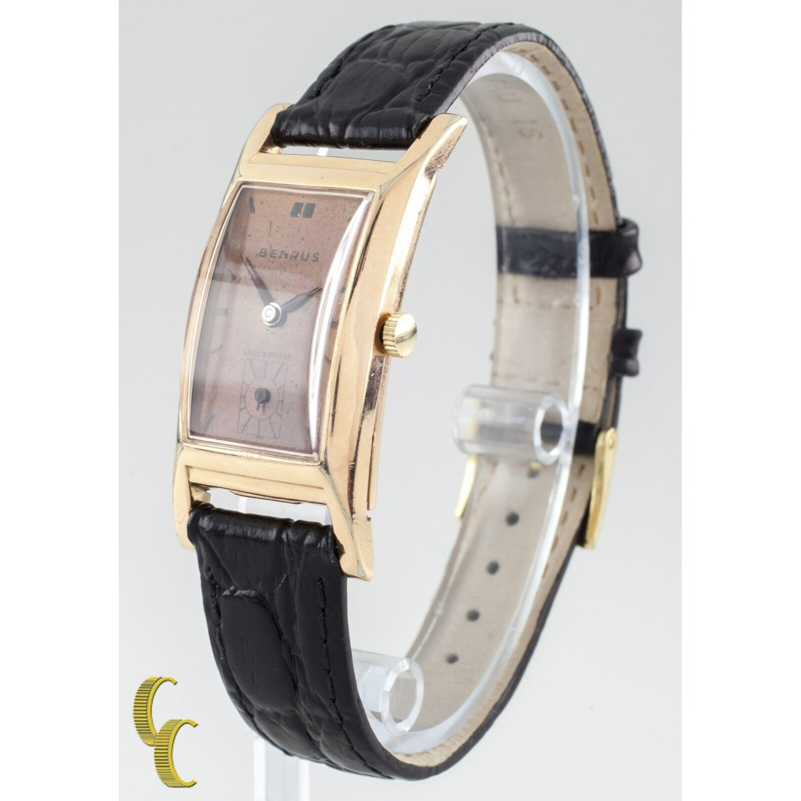 Benrus Vintage Rectangular Wristwatch in Rose Gold Tone with Brown Strap Vintage Rose Gold Benrus Wristwatch Mid Century Men main image 3