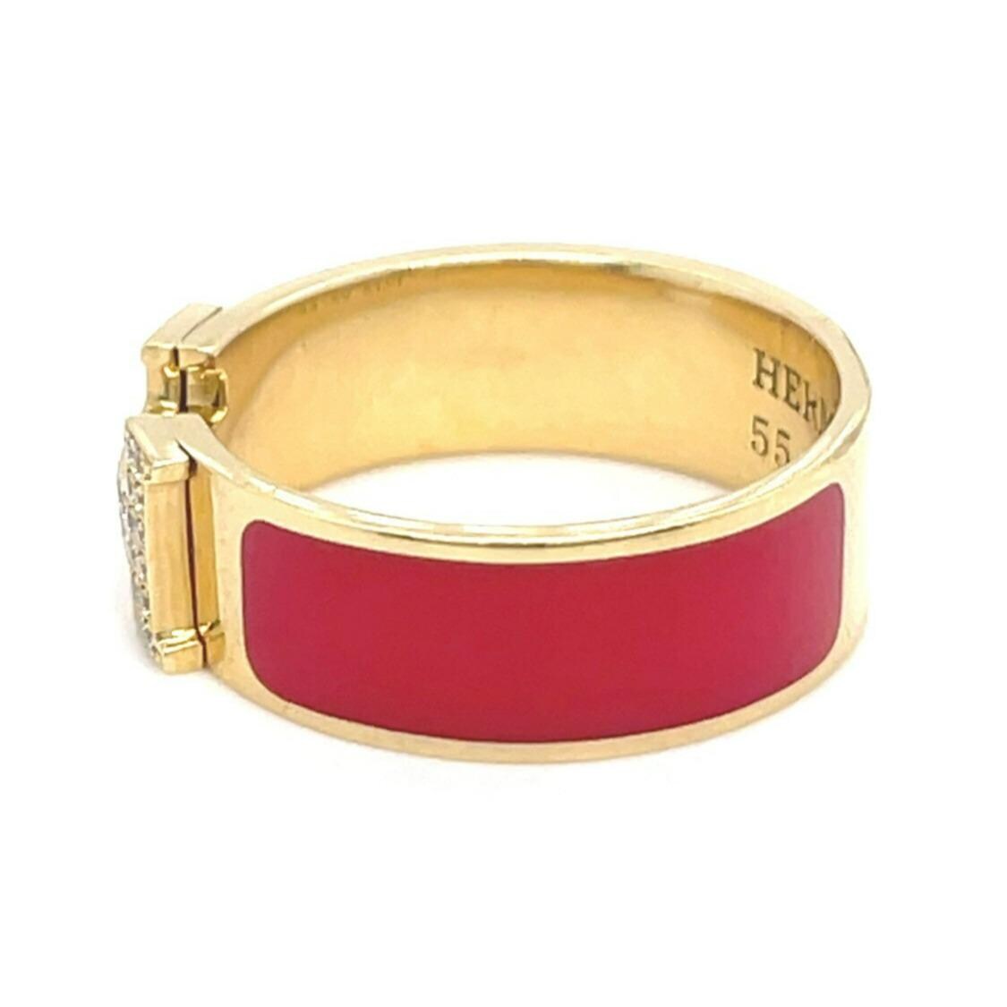Hermes 18k Yellow Gold & Red Enamel Clic Clac H Ring W/ Diamonds, Size ...