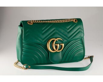 Gucci GG Medium Marmont Matelasse Green Leather Shoulder Bag Gold HW Dustbag
