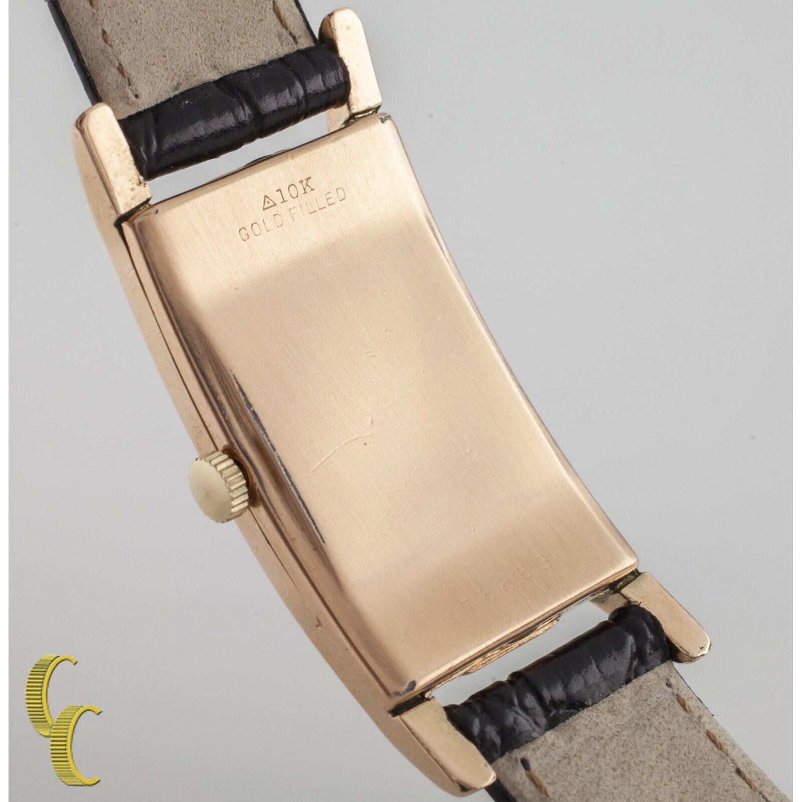Benrus Vintage Rectangular Wristwatch in Rose Gold Tone with Brown Strap Vintage Rose Gold Benrus Wristwatch Mid Century Men main image 4