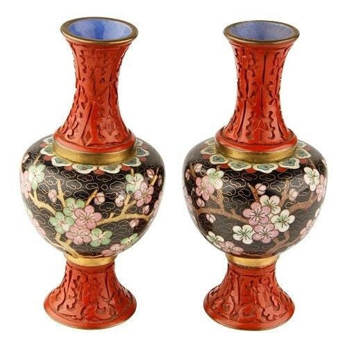 アンティーク VTG アジアン シナバーと七宝焼きの花瓶 桜
