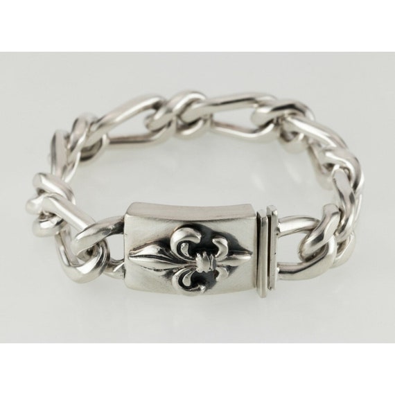 Sterling Silver Chunky Link Bracelet Fleur de Lis… - image 1