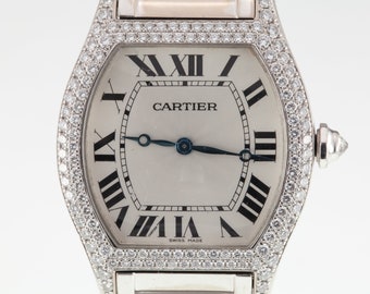 Cartier 18k White Gold Tortue Mechanical Watch w/ Factory Diamonds 2497 Gorgeous!