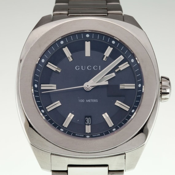 Gucci Reloj de cuarzo de acero inoxidable para hombre con esfera azul satinado y fecha 142.2 Etsy Mexico