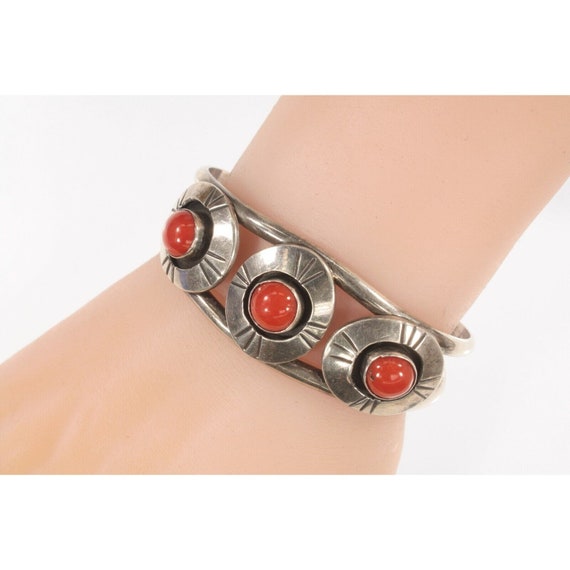 Navajo Sterling Silver Red Coral Cuff Bracelet Go… - image 1