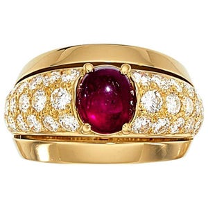 Cartier 18k Yellow Gold & 2.25 Carat Ruby Solitaire Ring with 1.30 Carat Diamond Accents, Size 6