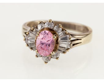 Anillo solitario de circonita cúbica rosa vermeil con engaste de bailarina de circonita cúbica, talla 7