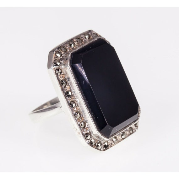 Rectangular Onyx and marcasite Sterling Silver Ri… - image 2
