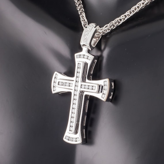 14k White Gold Diamond Cross w/ 24" Wheat Chain T… - image 1