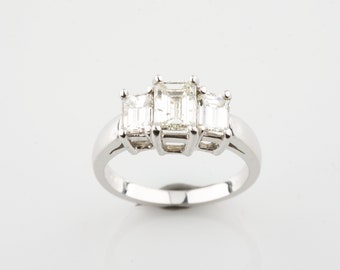 1.77 Carat Emerald Cut Diamond 3-Stone 14k White Gold Engagement Ring Size 6