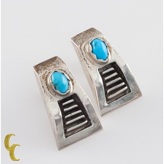 Sterling Silver Turquoise Drop Stud Earrings with… - image 3