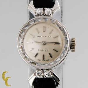 Women&#39;s Vintage 18k White Gold Movado Turler Watch W/Diamonds