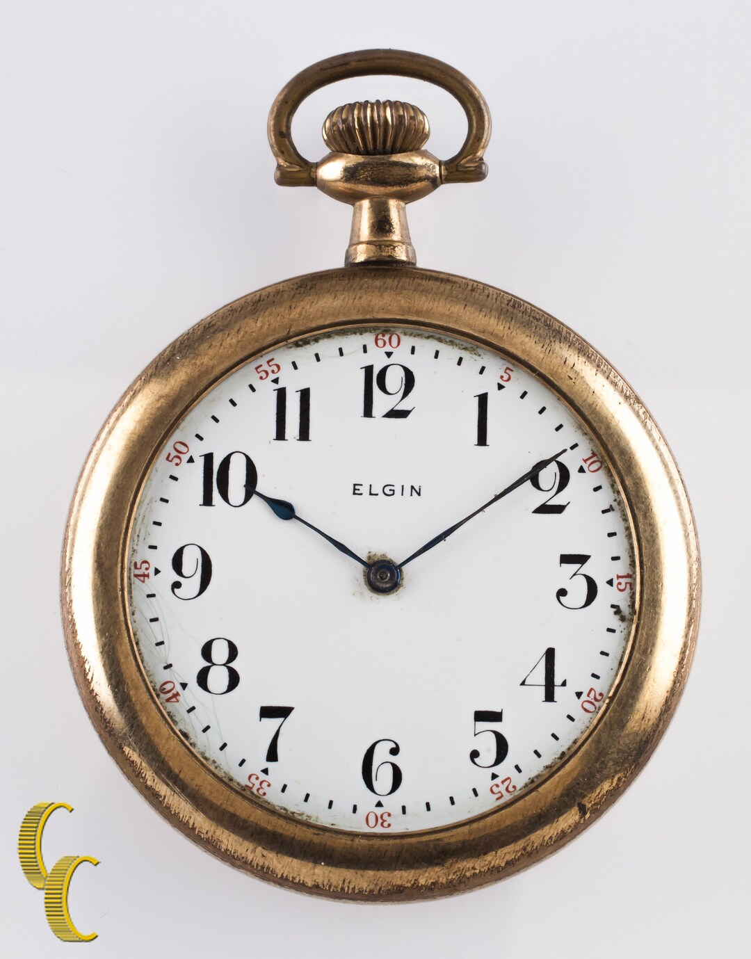 Elgin Open Face Yellow Gold Filled Pocket Watch 7 Jewel Size 6
