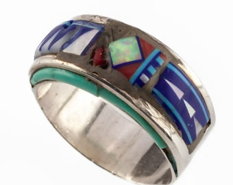 Benson Yazzie Sterling Silver Inlay Band Ring w/ Repair Size 9.5