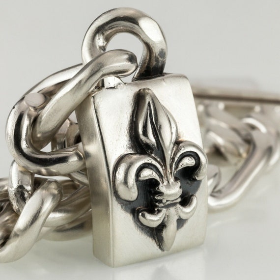 Sterling Silver Chunky Link Bracelet Fleur de Lis… - image 4
