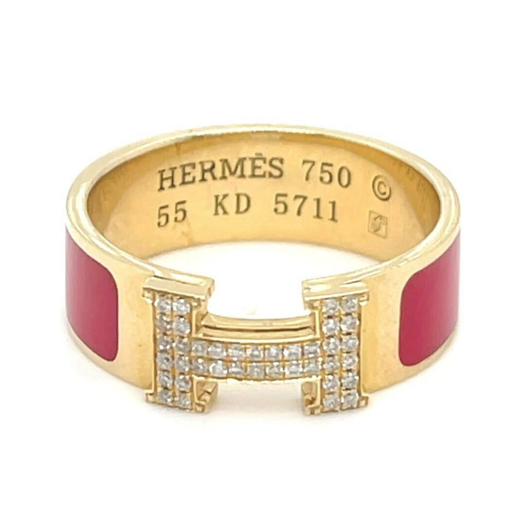 Hermes 18k Yellow Gold & Red Enamel Clic Clac H Ring W/ Diamonds, Size ...