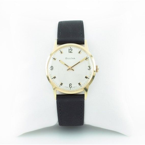 Bulova Gold plated Hand winding Men s Watch W Black Leather Band