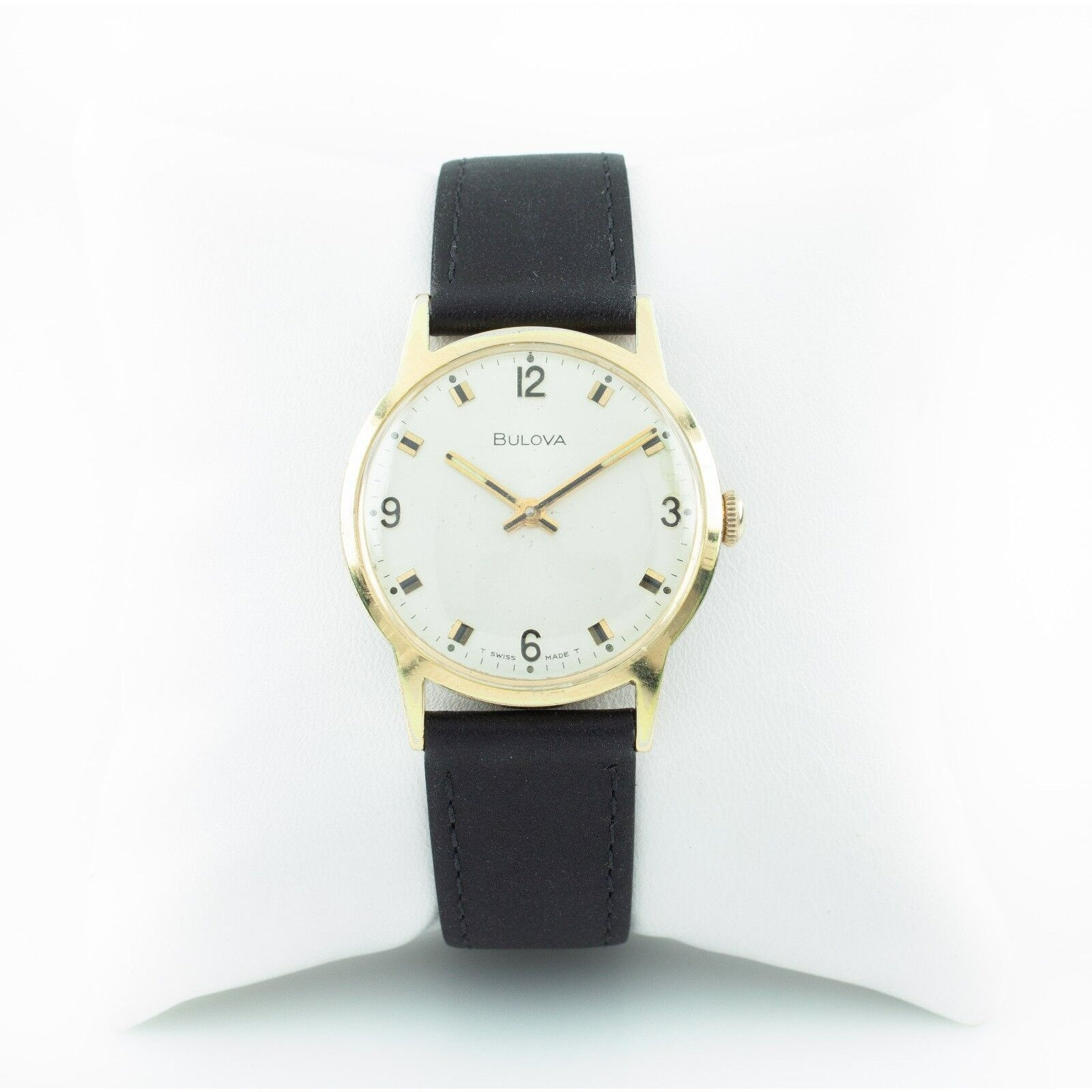 Bulova Gold plated Hand winding Men s Watch W Black Leather Band