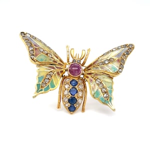 14k Yellow Gold Gemstone Enamel Plique-A-Jour En Tremblant Moth Brooch