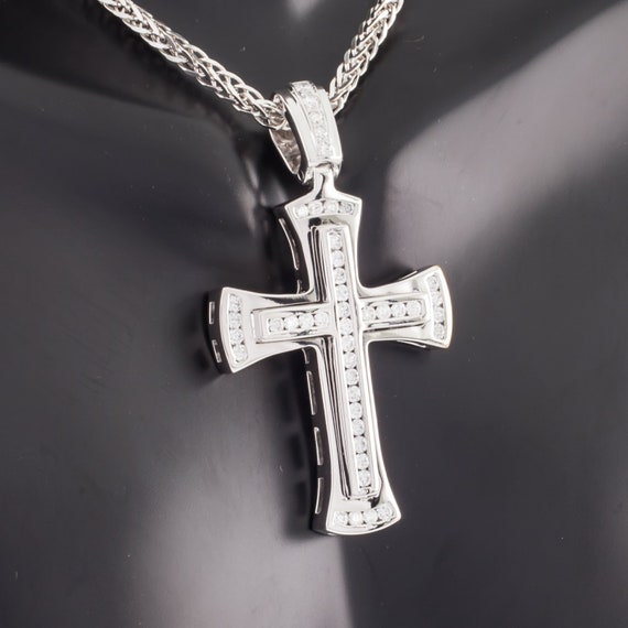 14k White Gold Diamond Cross w/ 24" Wheat Chain T… - image 2