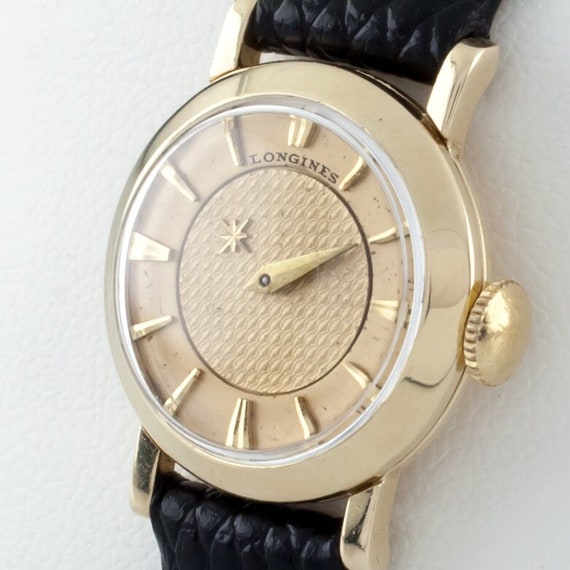 Longines Mystery Dial 14k Gold Women's Dress Watch w/ Black Leather Band, Ref. 4LLV9037087