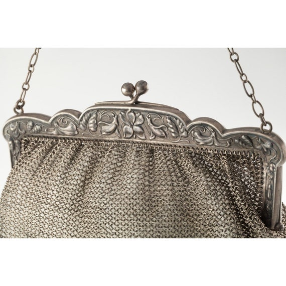 Vintage Sterling Silver Mesh Purse With Flora Pat… - image 2