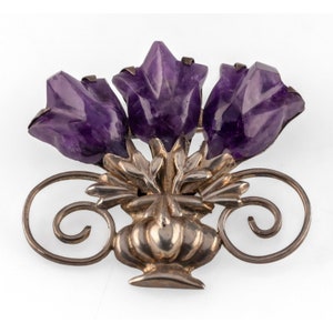 Vintage Mexico Amethyst Flowers in Sterling Silver Vase Brooch 46.6gr