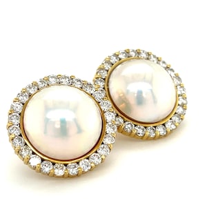 14k Gelbgold Mabe Perle und Diamant Ohrringe