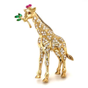 Broche de jirafa de oro de 18k de Oscar Heyman con rubí, diamante de 2 ct, esmeralda de 0,15 ct (74288)