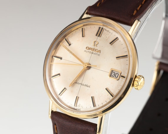 Omega 14k Yellow Gold Seamaster Reloj automatico para hombres con correa de cuero Date Etsy Mexico
