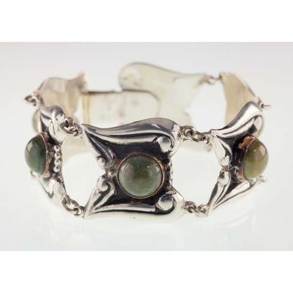 Vintage Mexico Sterling Silver Repousse & Green S… - image 1