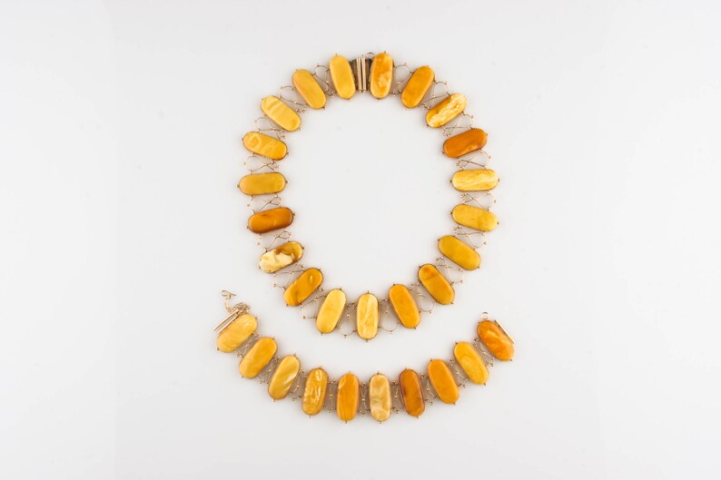 Vintage 14k Yellow Gold Butter Scotch Natural Amber Necklace and Bracelet Set image 1