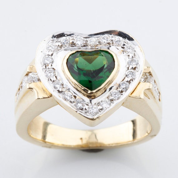 14K Yellow Gold Ladies Diamond Heart Shaped Green… - image 1