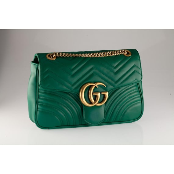 GUCCI ダークグリーン バッグ Gucci GG Medium Marmont Matelasse Green Leather Shoulder Bag Gold