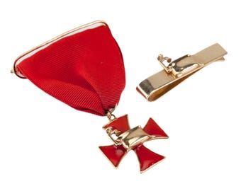 14k Gelbgold Krawattenklammer mit rotem Kreuz Anstecknadel von Merrin Wunderschöne Vintage!