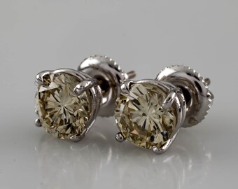 Gorgeous 14k White Gold 2.03 carat "Champagne" Diamond Stud Screwback Earrings